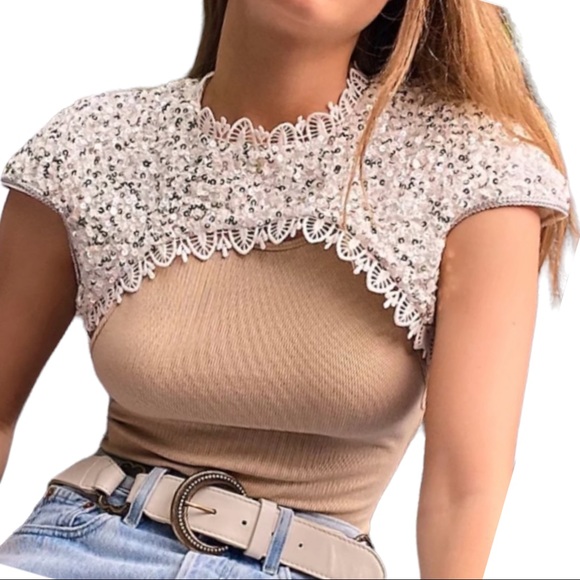 IXIAH x Free People Lacuna Sequin 4 | Sm Silver White Lace Overpiece Tie Top - Picture 8 of 11